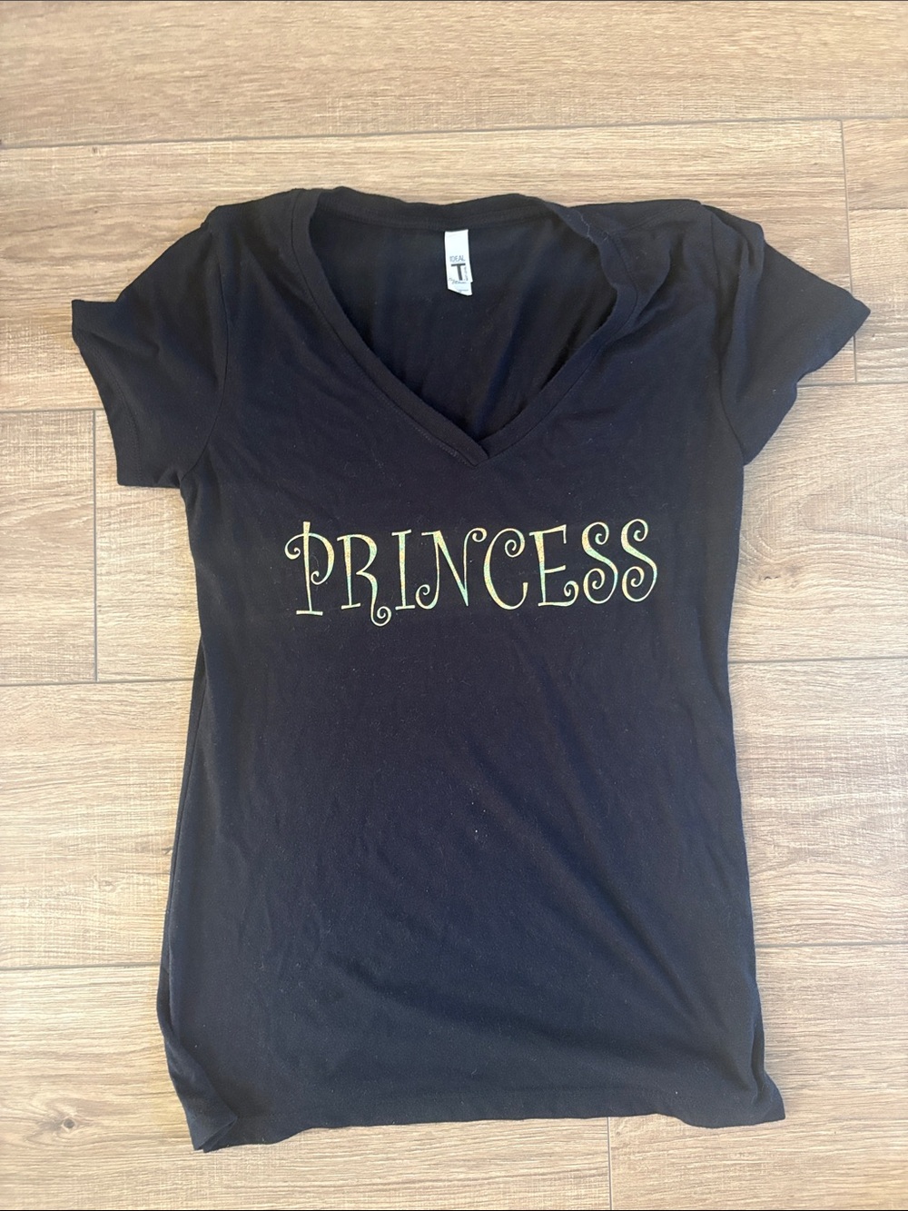 Handmade Black V-Neck Tee with Gold "Princess" Graphic